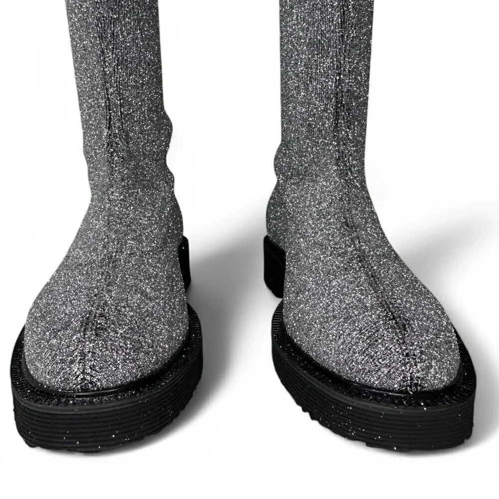 Giuseppe Zanotti Women's Silver Glitter Over-the-Knee Flat Boots Sz 37.5 NWOT